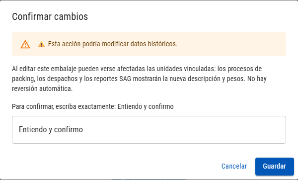 Ventana Confirmar cambios con el aviso de datos históricos y el campo para escribir Entiendo y confirmo