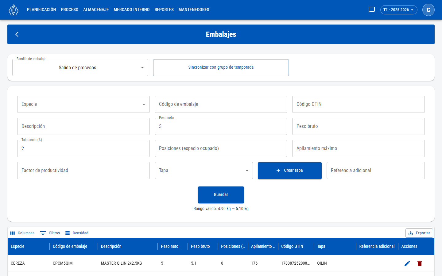 Selector de familia, formulario de embalaje y lista de embalajes de la familia
