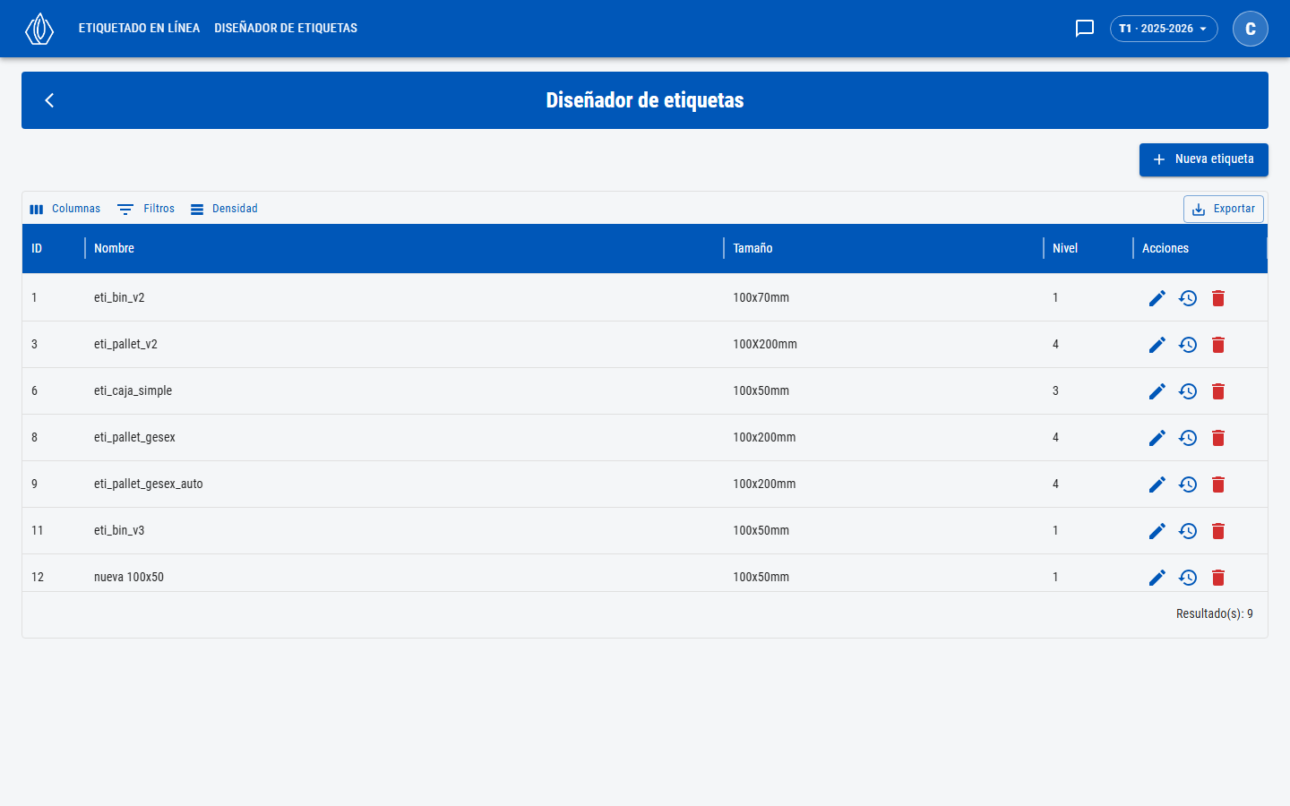 Lista de diseños de etiqueta con el botón Nueva etiqueta