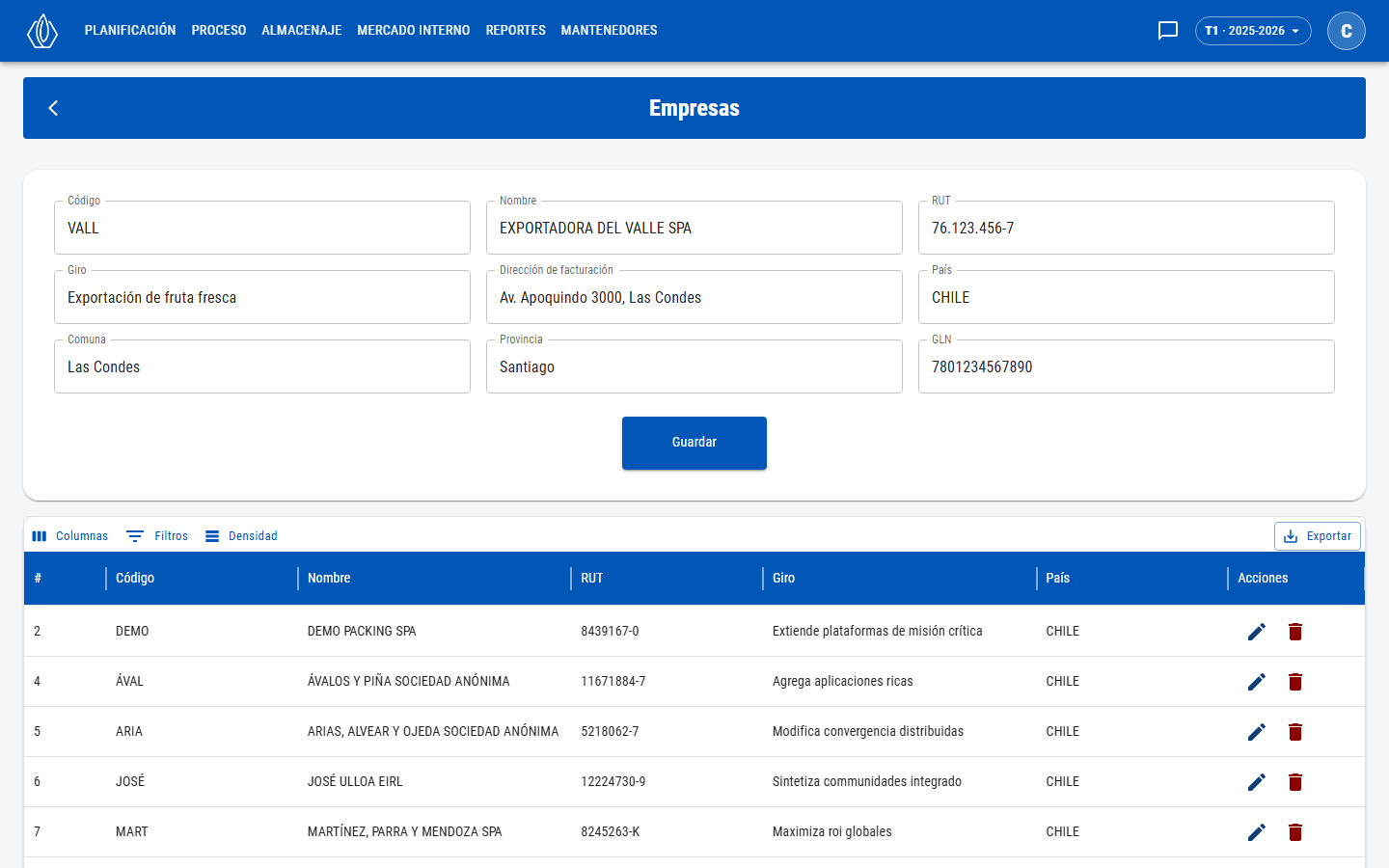 Formulario con código, nombre, RUT, giro, dirección de facturación, país, comuna, provincia y GLN, y la grilla de empresas