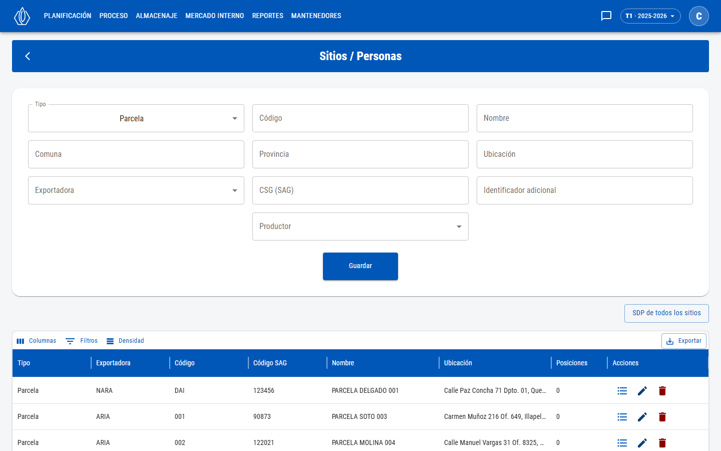 Selector de tipo, formulario de parcela y grilla de parcelas con las acciones SDP / Sector y Eliminar