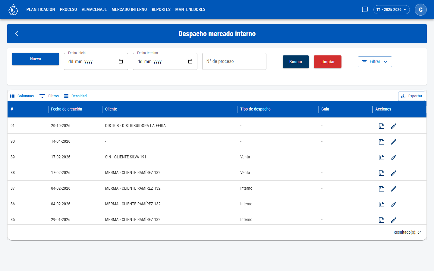 Lista de despachos de mercado interno con filtros y columnas #, Fecha de creación, Cliente, Tipo de despacho, Guía y Acciones
