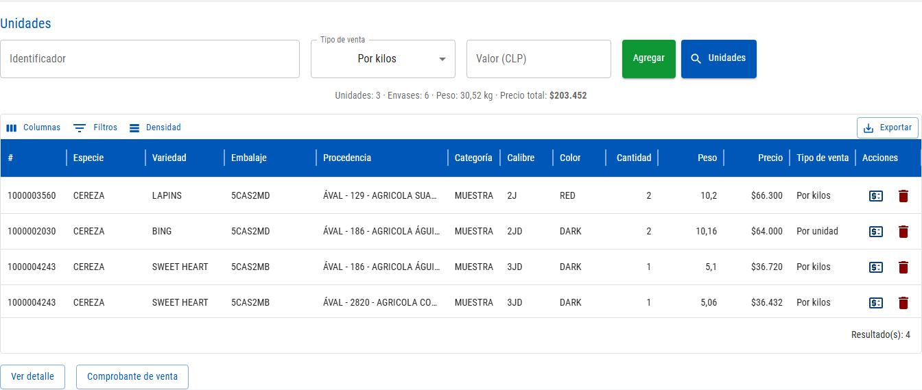 Sección Unidades con Identificador, Tipo de venta, Valor (CLP), botones Agregar y Unidades, totales y la grilla de unidades con precio
