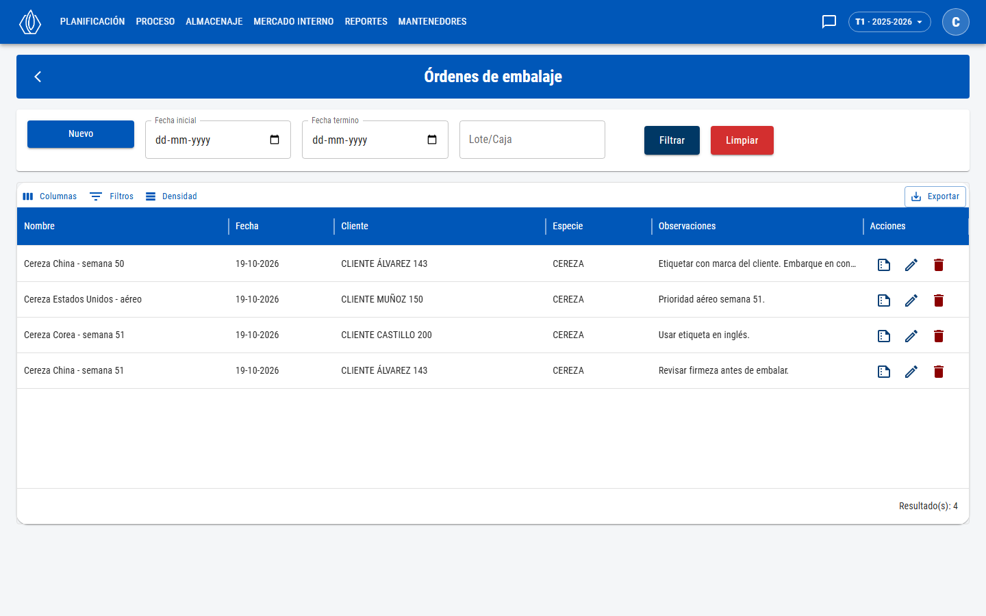 Lista de órdenes de embalaje con nombre, fecha, cliente, especie, observaciones y acciones