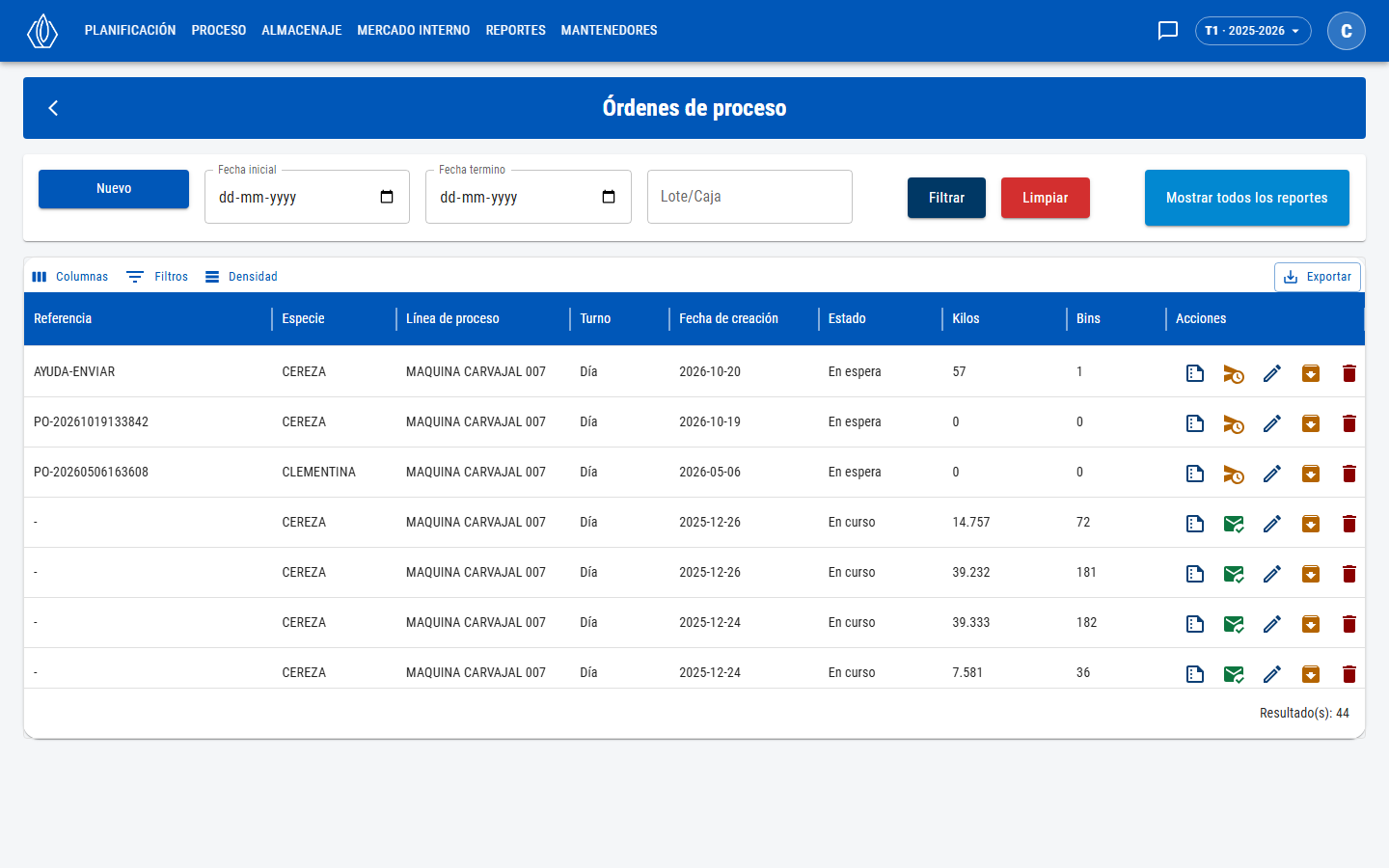 Lista de órdenes de proceso con referencia, especie, línea, turno, estado, kilos, bins y acciones