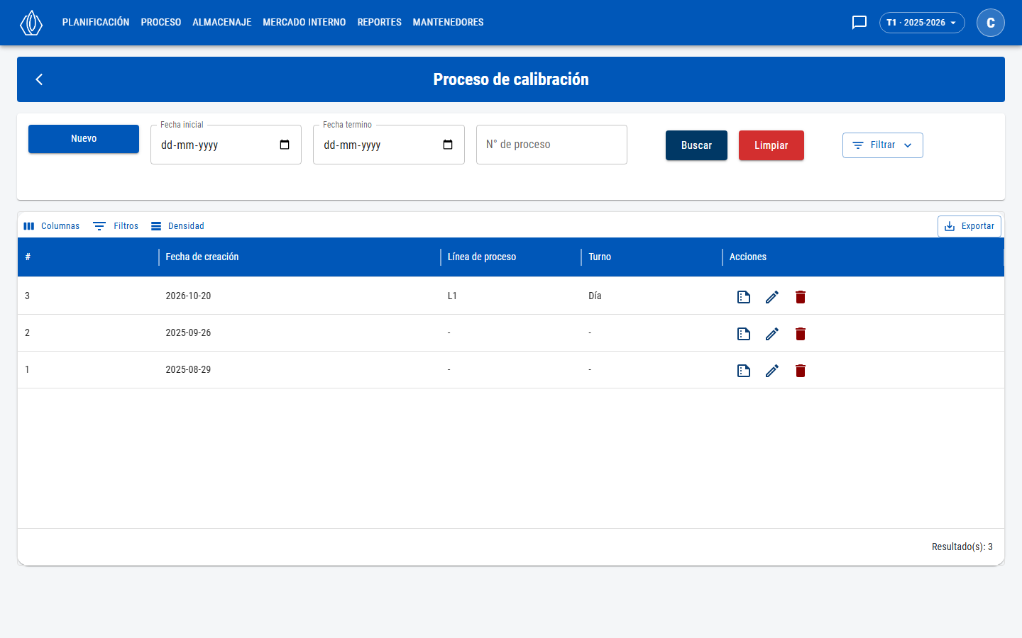 Lista de procesos de calibración con filtros de fecha y número, y acciones por fila