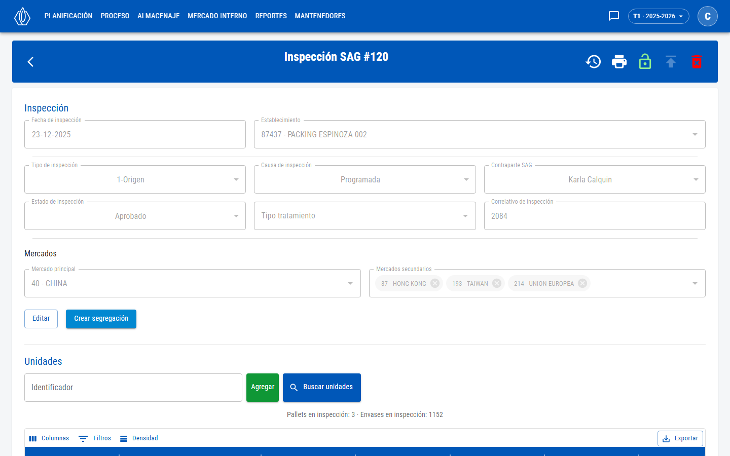 Encabezado con fecha, establecimiento, parámetros, correlativo y mercados, y la sección Unidades con el identificador y la grilla