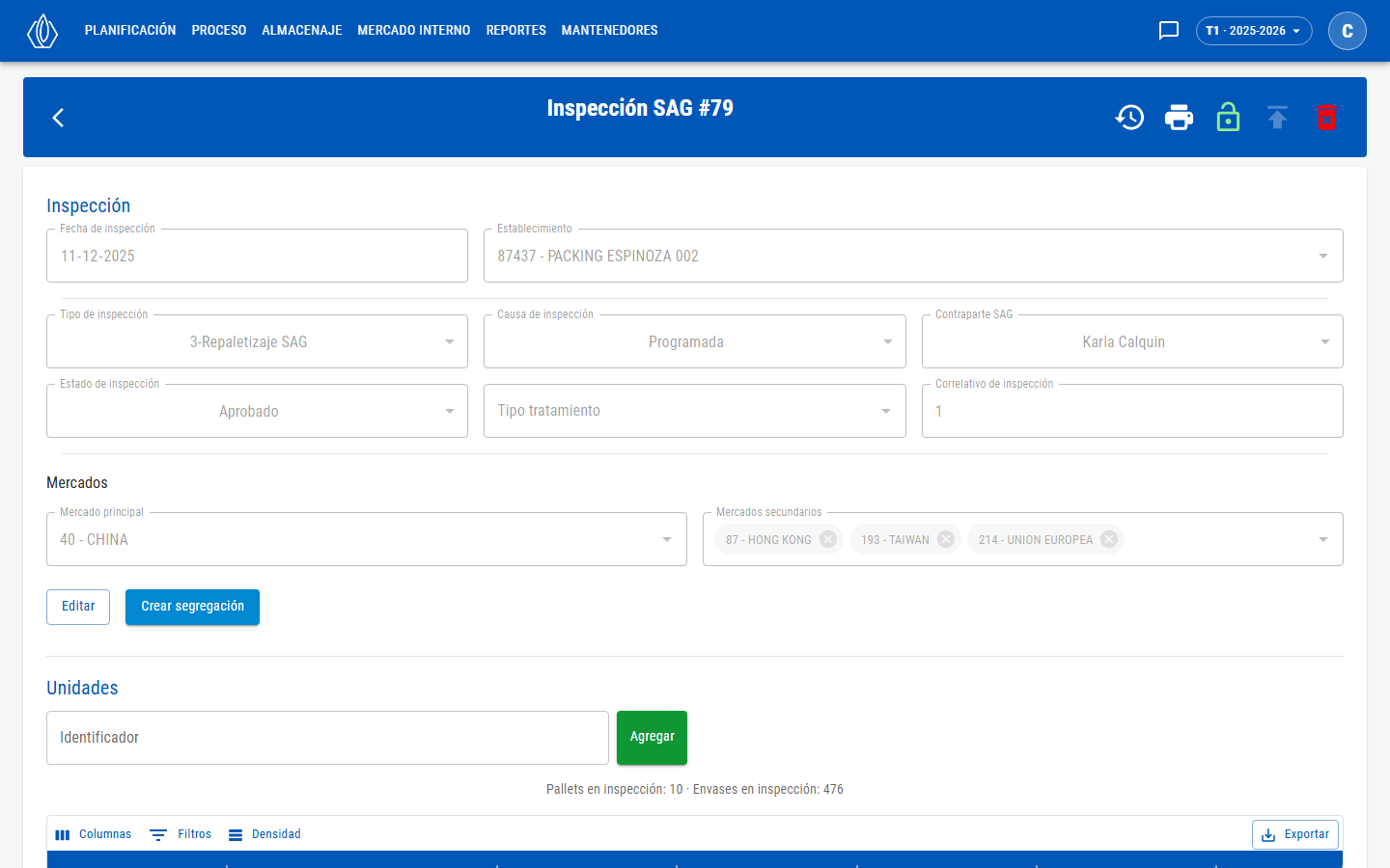 Encabezado con el tipo 3-Repaletizaje SAG y la grilla con los pallets cargados desde el repaletizaje