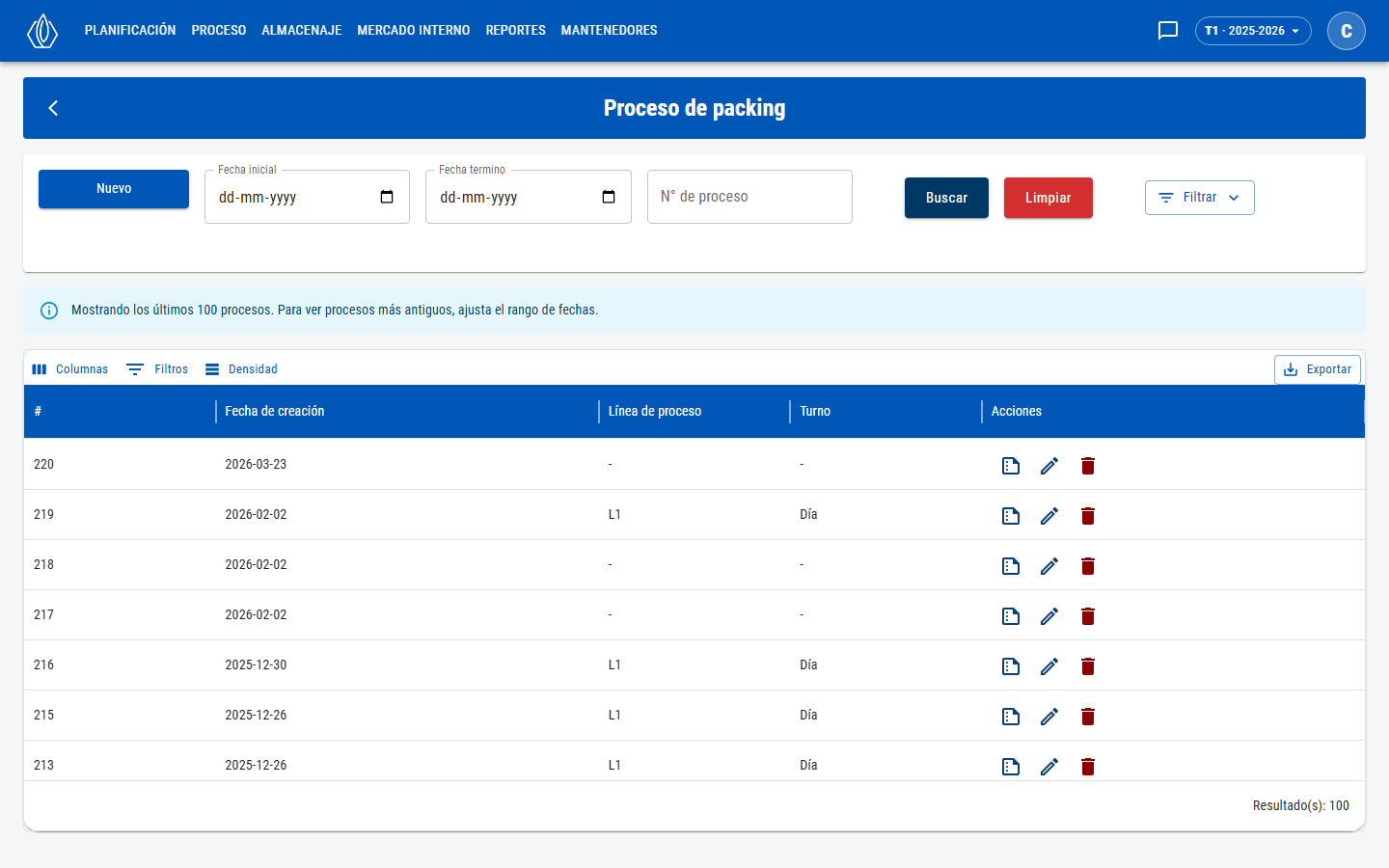 Lista de procesos de packing con filtros y acciones por fila