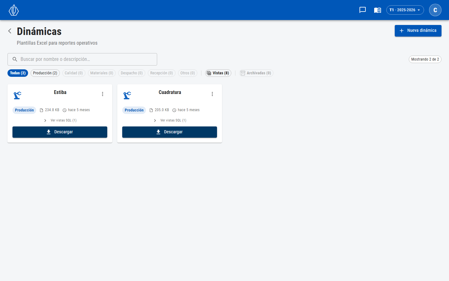 Pantalla Dinámicas con el buscador, los filtros por categoría, Vistas y Archivadas, y una tarjeta por dinámica con el botón Descargar