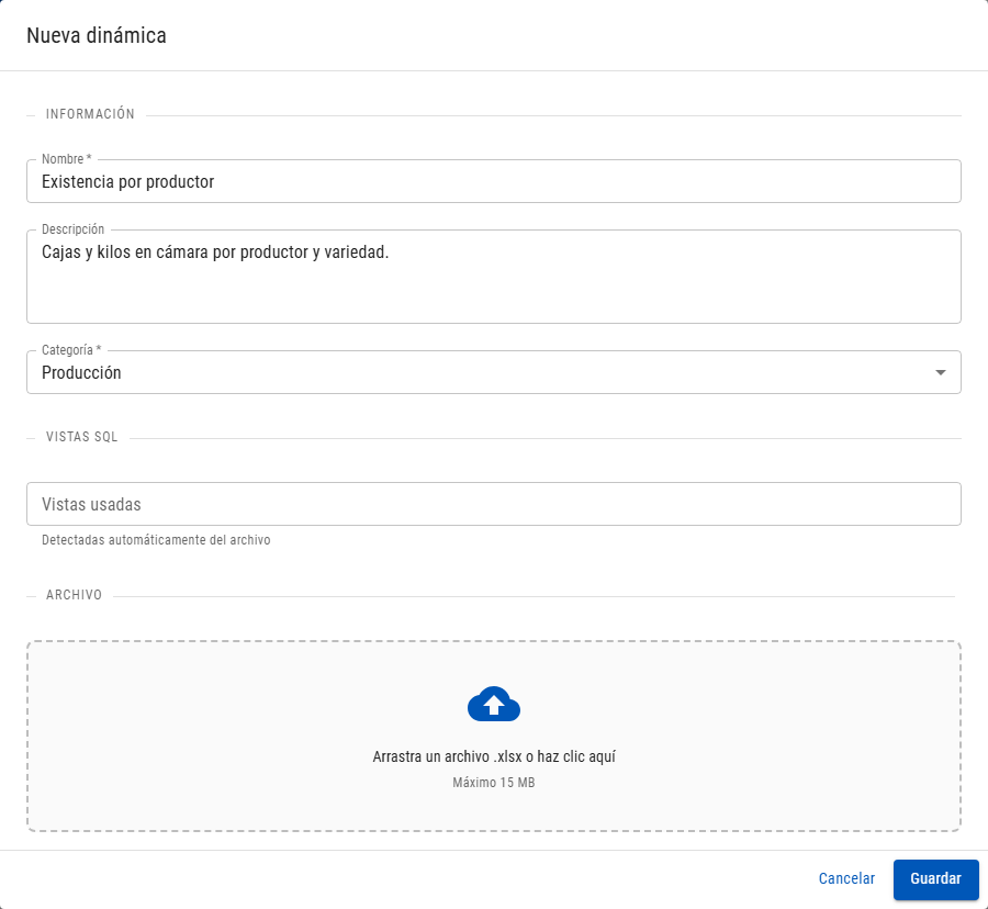 Formulario Nueva dinámica con Información, Vistas SQL y Archivo