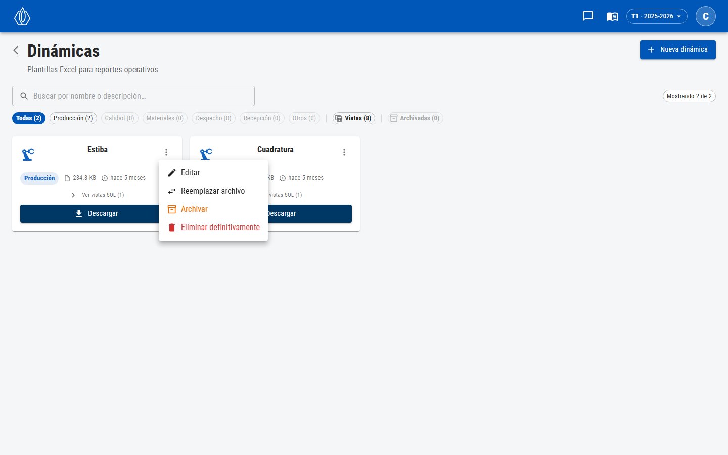 Menú de una tarjeta con Editar, Reemplazar archivo, Archivar y Eliminar definitivamente