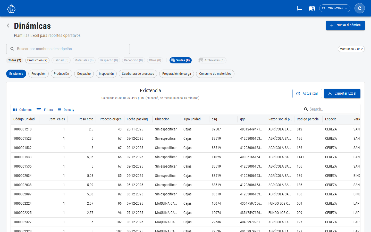 Botones de las ocho vistas, la vista Existencia con Actualizar y Exportar Excel, y su tabla