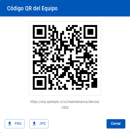 Ventana Código QR del Equipo con el código, la dirección de la ficha y los botones PNG, JPG y Cerrar