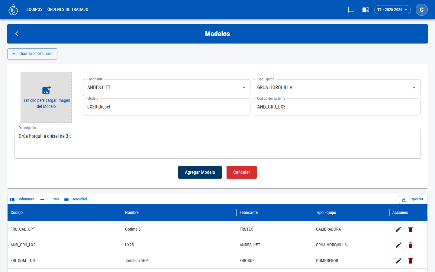 Formulario con imagen, Fabricante, Tipo Equipo, Modelo, Codigo del sistema y Descripción, y los botones Cancelar y Agregar Modelo
