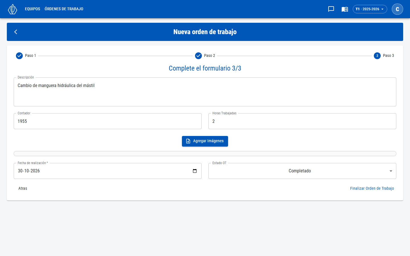 Paso 3 con descripción, contador, horas trabajadas, fecha de realización y estado Completado