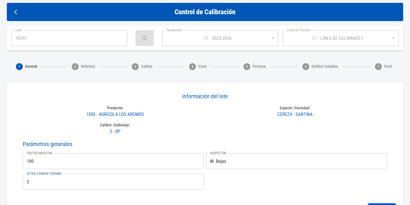 Buscador con lote, temporada y línea de proceso, y datos del lote