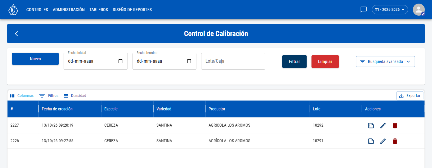 Lista de controles de calibración con filtros y acciones