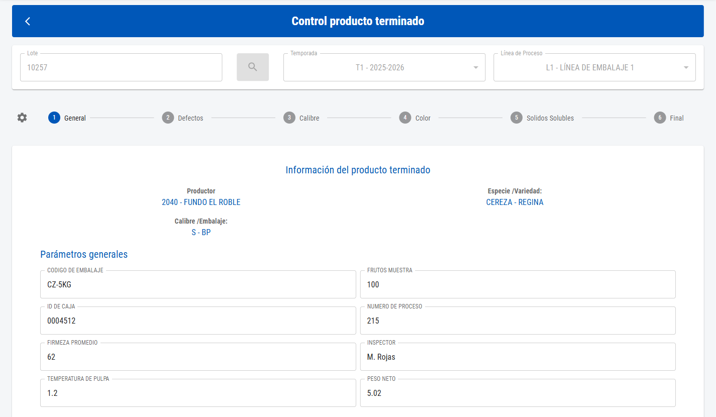 Buscador con temporada y línea de proceso, datos del producto y parámetros generales