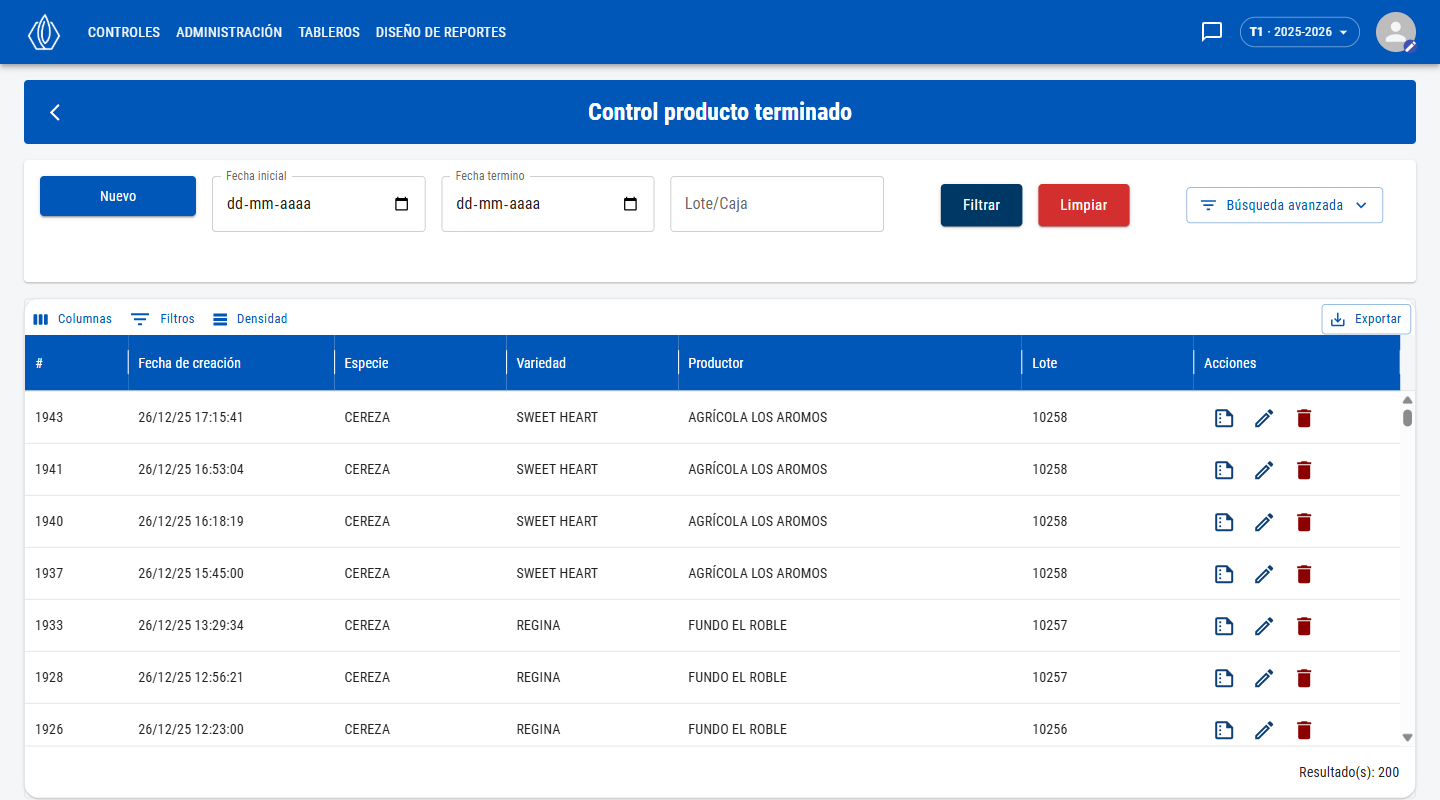 Lista de controles de producto terminado con filtros y acciones
