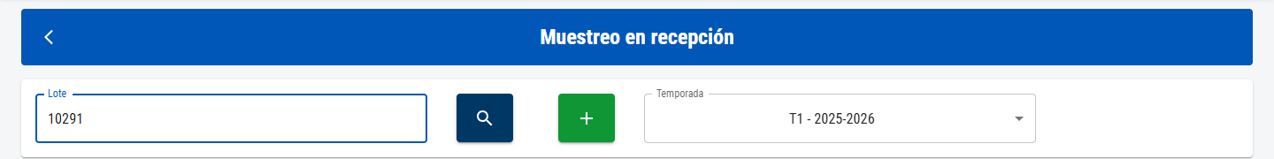 Buscador con el código del lote, la lupa, el botón + y la temporada