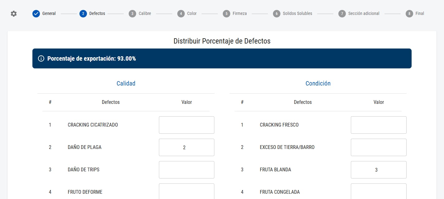 Defectos de calidad y de condición con el porcentaje de exportación arriba