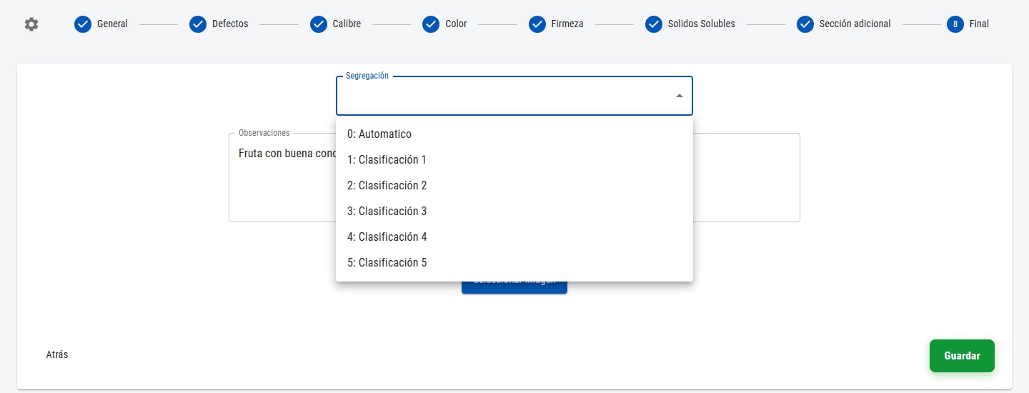 Selector de segregación, observaciones y botón para subir imágenes