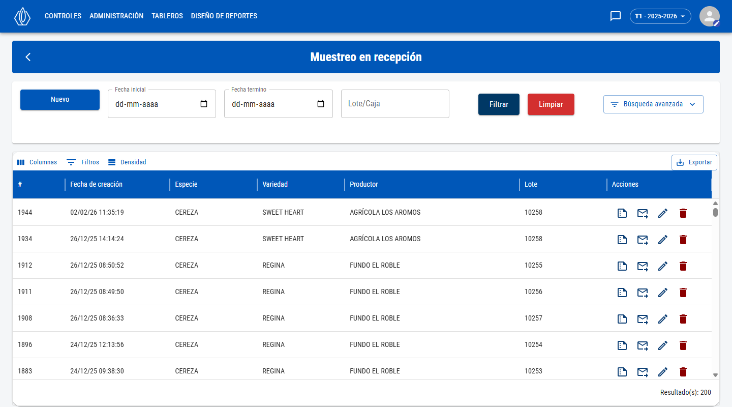 Lista de controles con filtros de fecha y lote, y acciones por fila