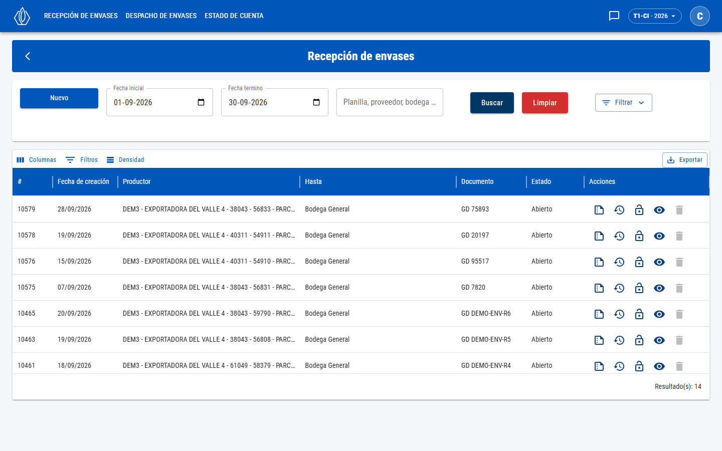 Lista de recepciones de envases con filtros de fecha y búsqueda, y acciones por fila