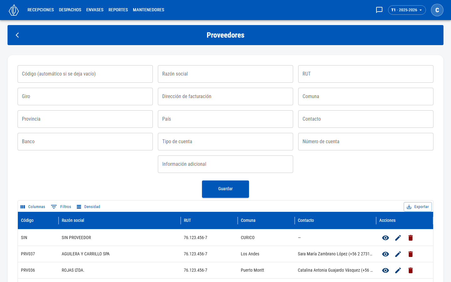 Formulario de proveedor con código, razón social, RUT, giro, ubicación y datos bancarios, y la grilla de proveedores