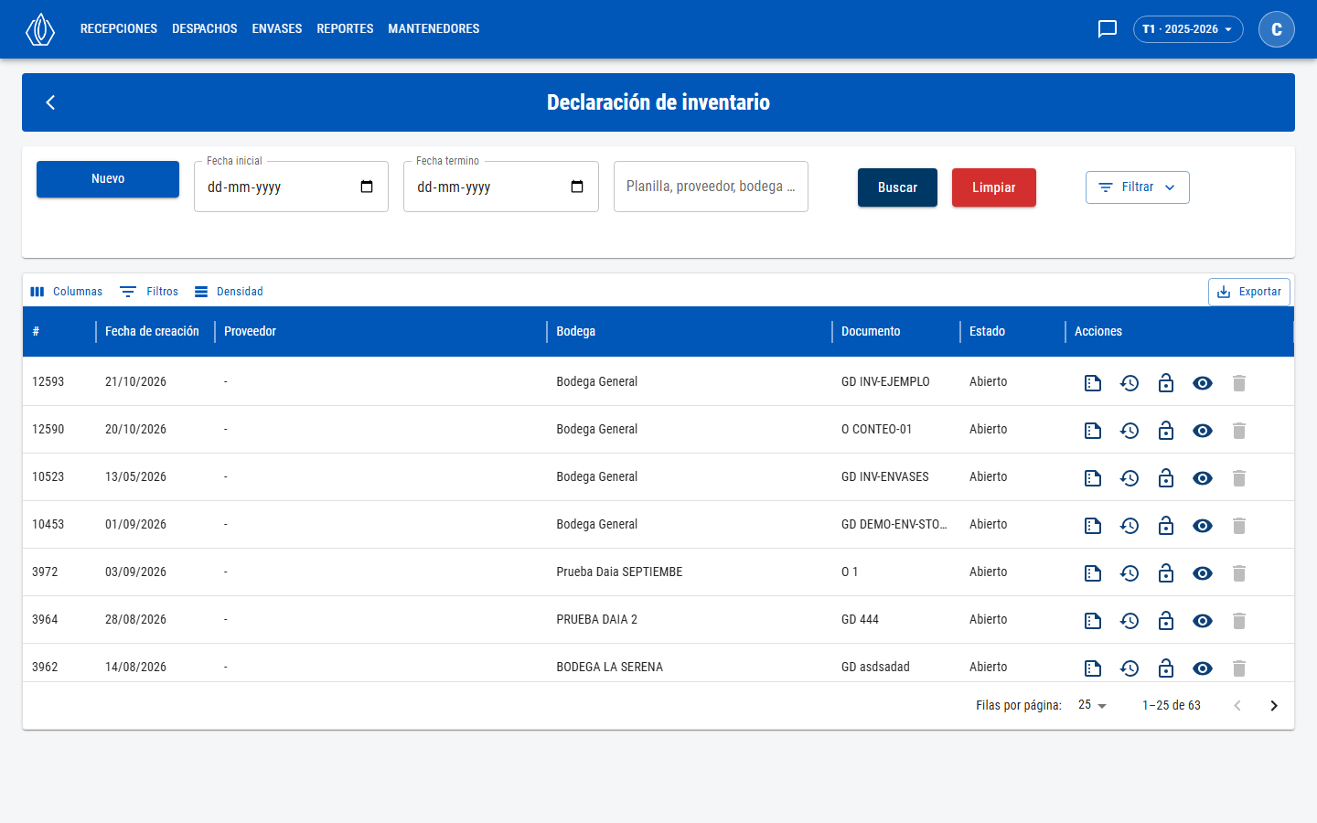 Lista de declaraciones de inventario con filtros y acciones por fila