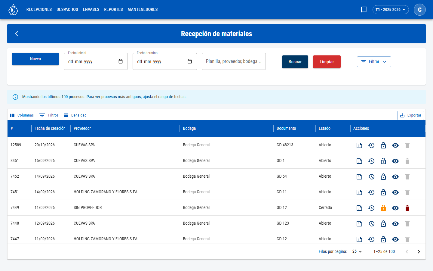 Lista de recepciones de materiales con filtros y acciones por fila