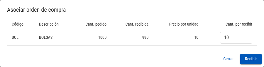 Diálogo Asociar orden de compra con las líneas de la orden y la cantidad por recibir