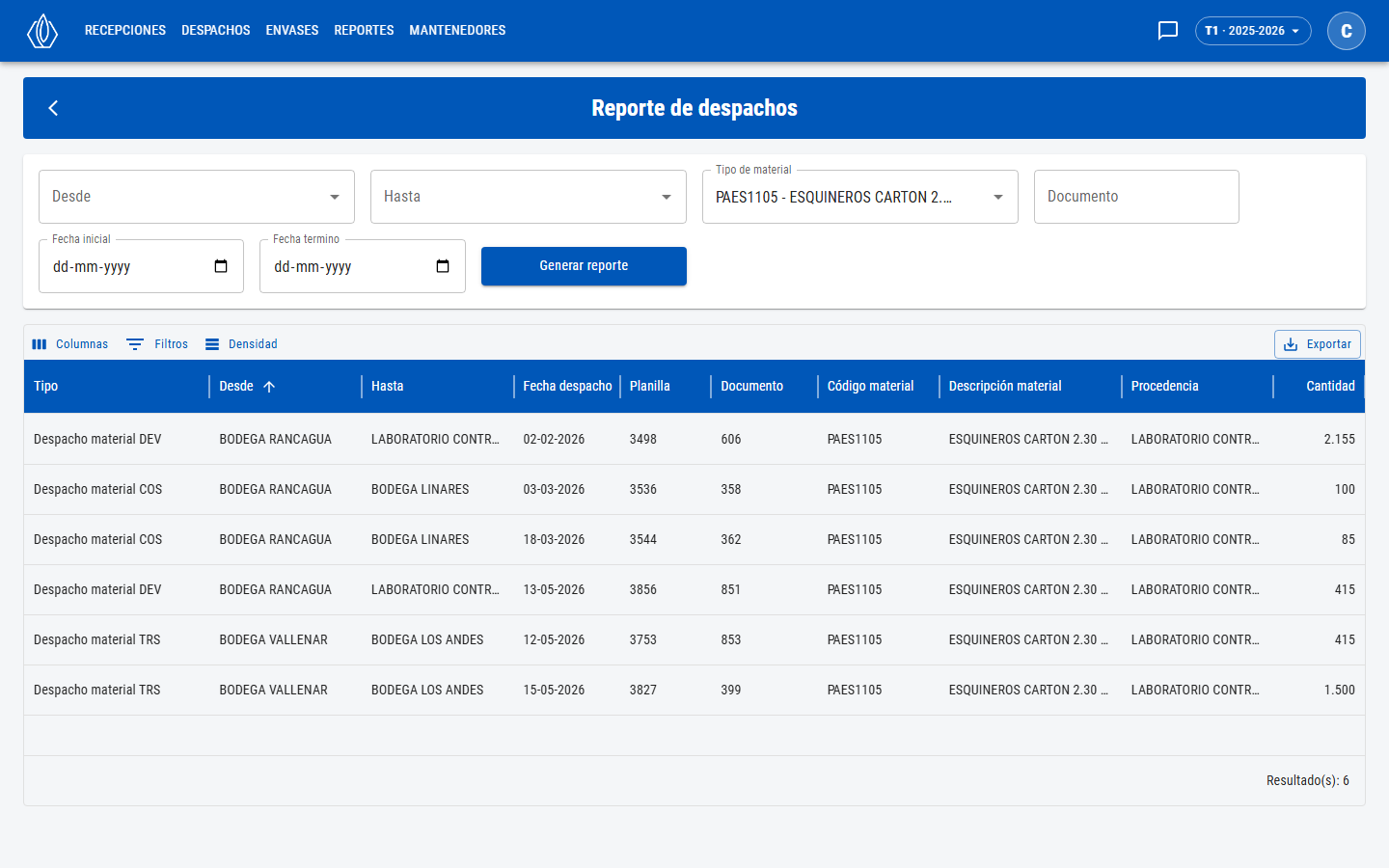 Reporte de despachos con los filtros de origen, destino, material, documento y fechas, y la tabla de resultados