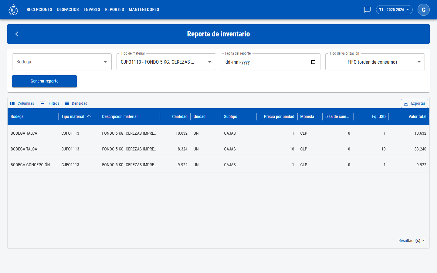 Reporte de inventario con los filtros de bodega, material, fecha y valorización, y la tabla de resultados