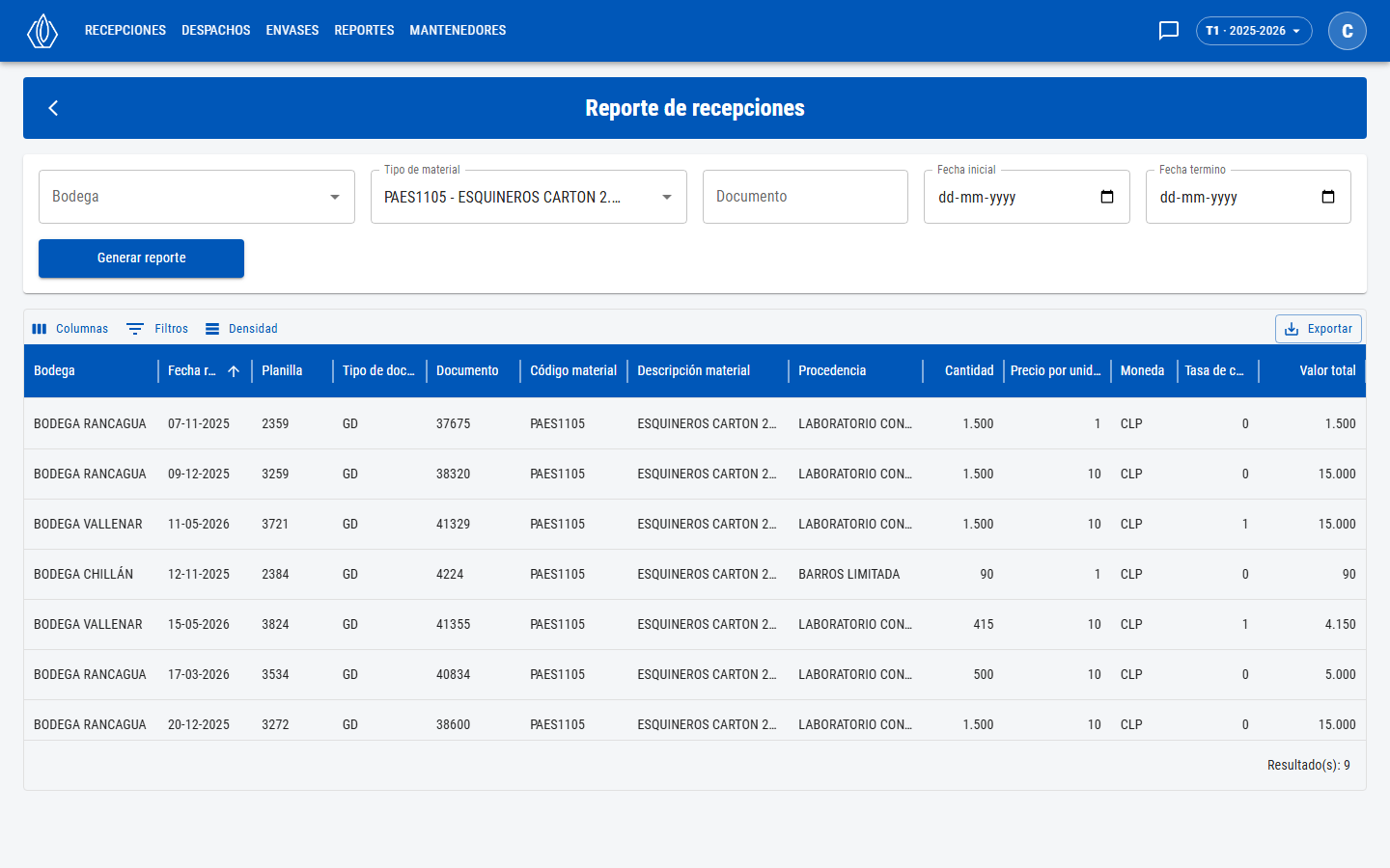 Reporte de recepciones con los filtros de bodega, material, documento y fechas, y la tabla de resultados