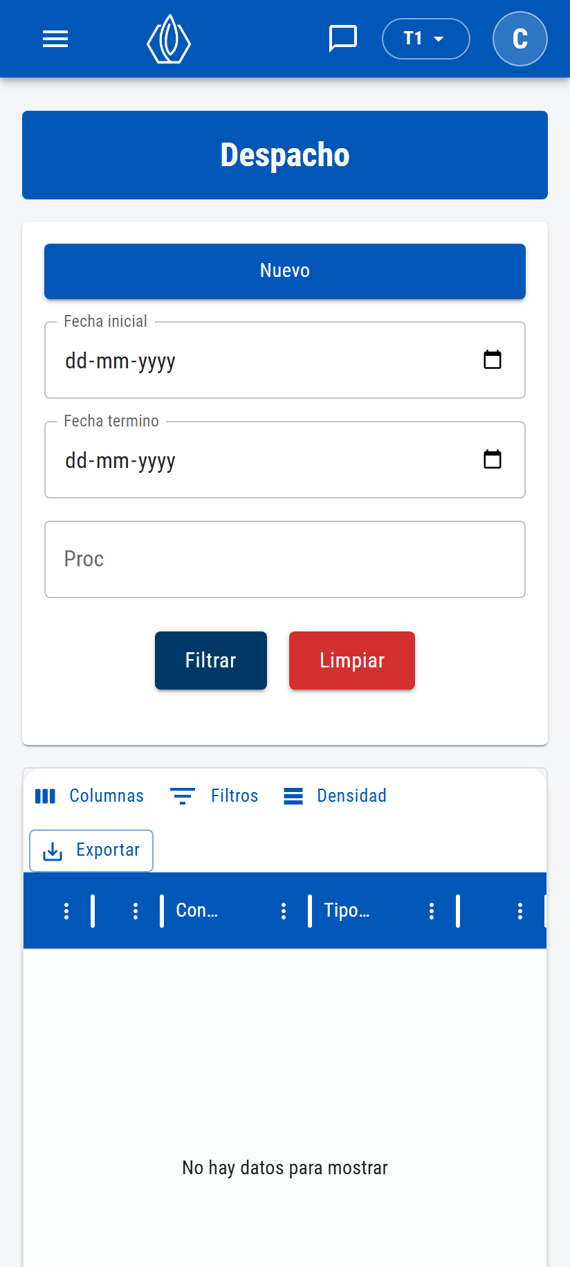 Lista de despachos en pantalla de celular con las columnas #, Fecha de creación, Contenedor, Tipo de transporte y Acciones