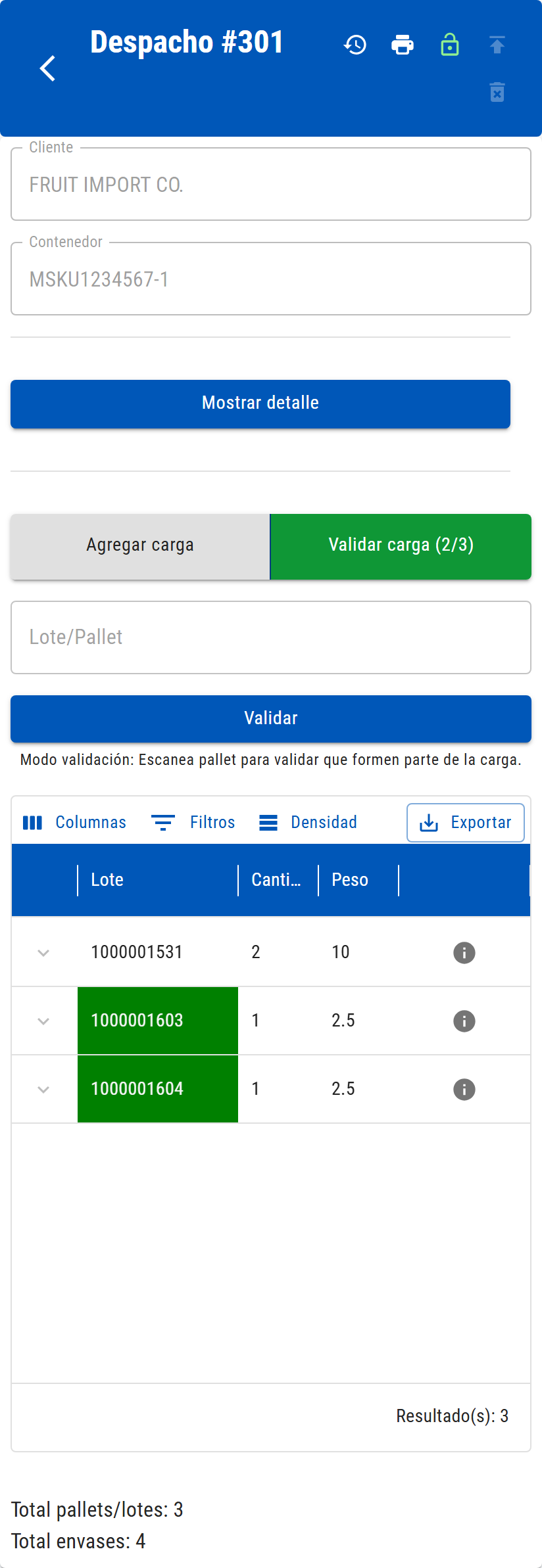 Modo Validar carga con el contador de pallets validados, el botón Validar y folios en verde en la grilla