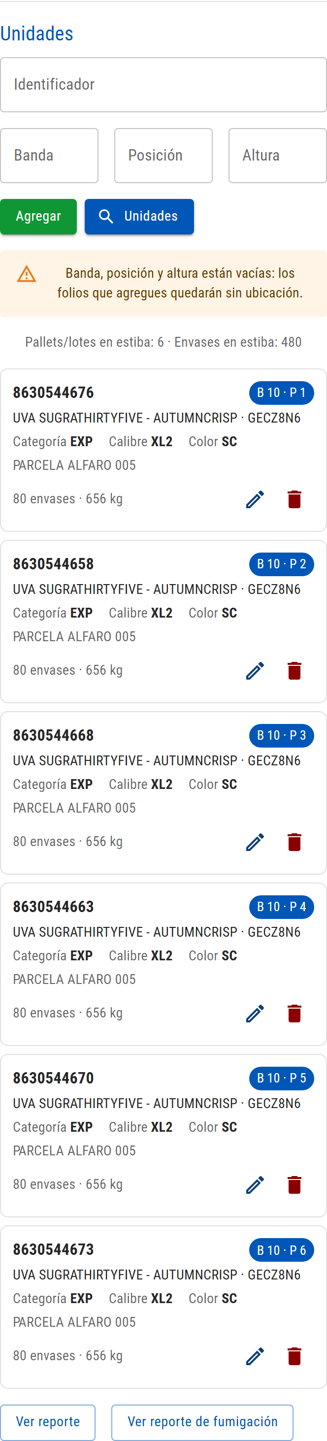 Sección Unidades en el celular con Identificador, Banda, Posición, Altura, botones Agregar y Unidades, contadores y tarjetas de unidades estibadas