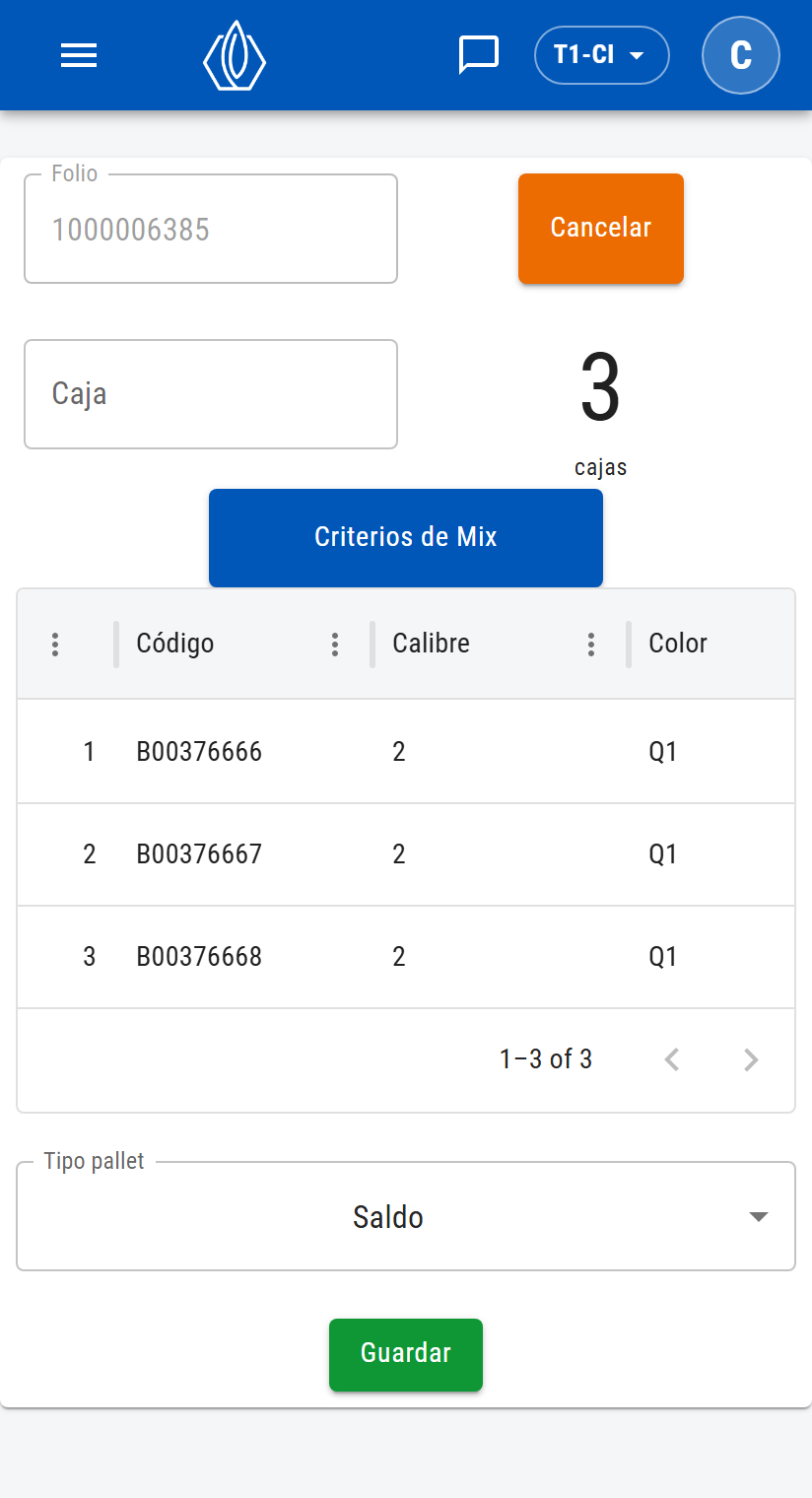 Folio generado, campo Caja, contador de cajas, botón Criterios de Mix, lista de cajas, Tipo pallet y Guardar