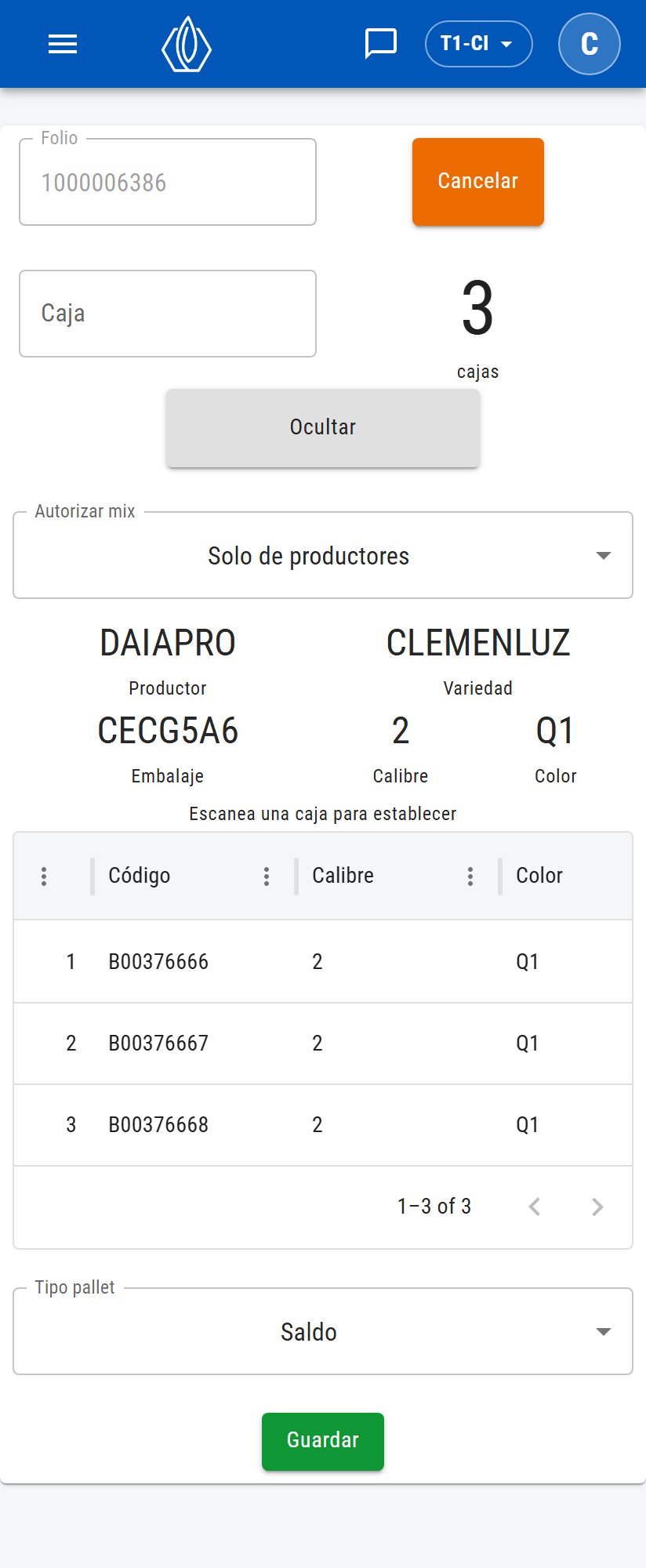 Selector Autorizar mix y datos de la primera caja: productor, variedad, embalaje, calibre y color