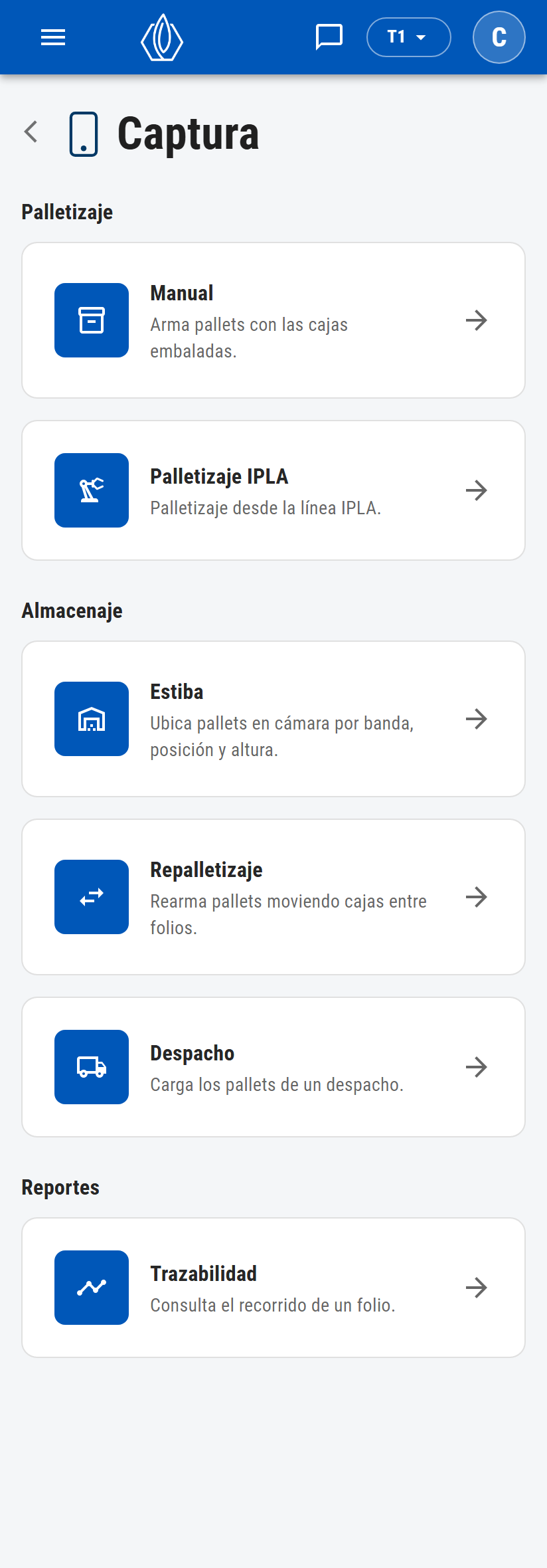Portada de Captura en pantalla de celular con los accesos agrupados en Palletizaje, Almacenaje y Reportes