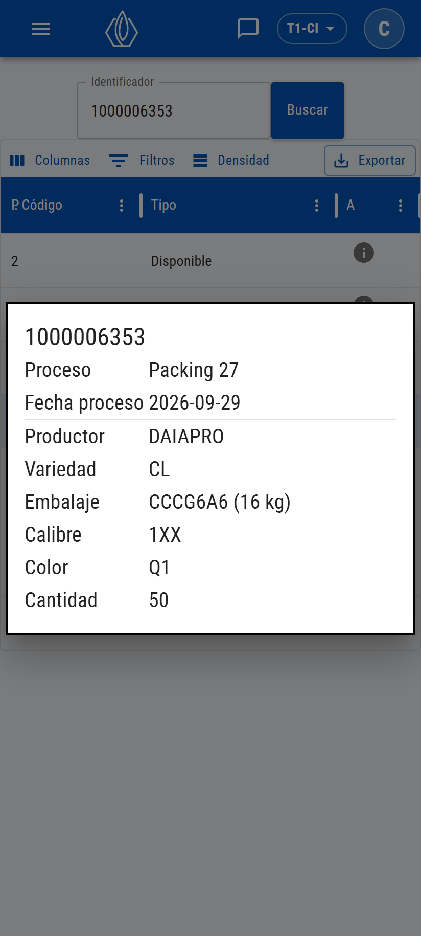 Cuadro de detalle con el folio, proceso, fecha, productor, variedad, embalaje, calibre, color y cantidad