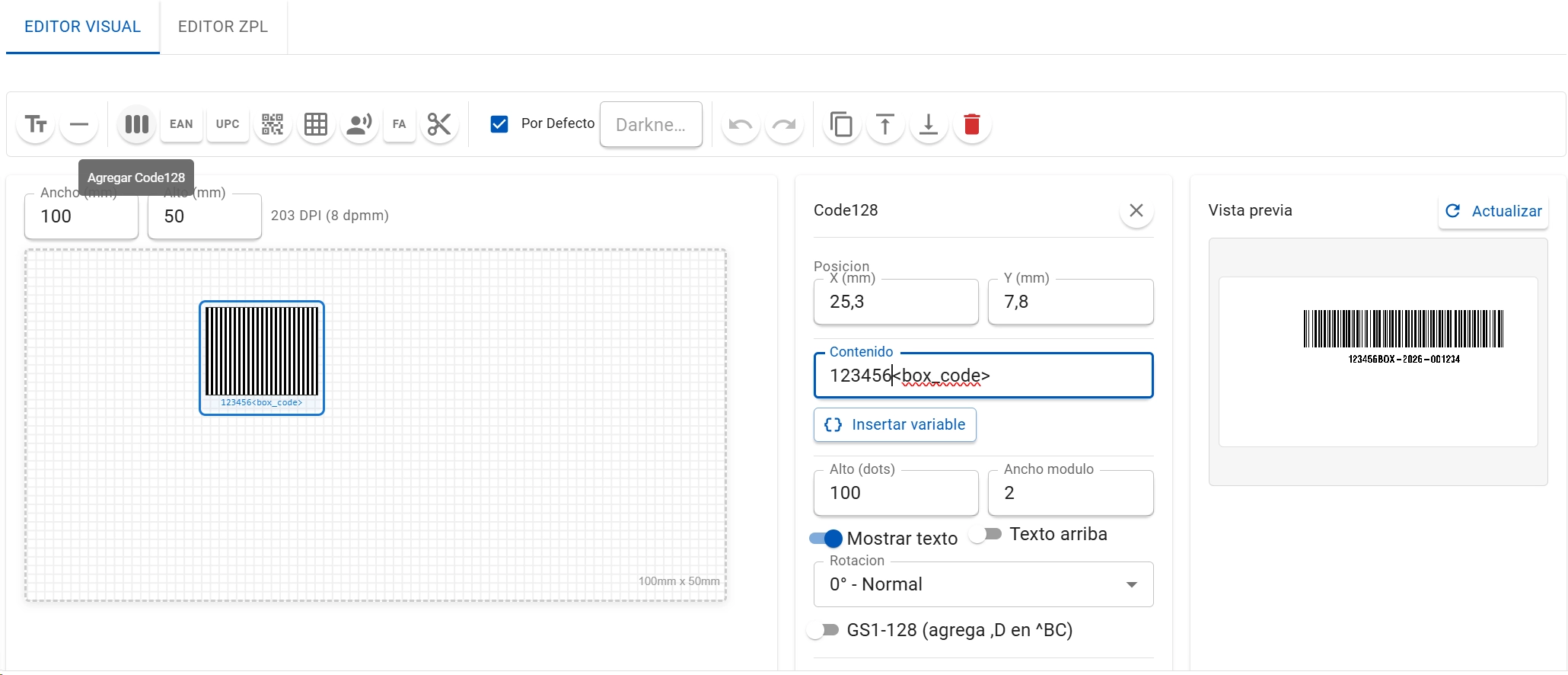 Panel de propiedades de un código Code128 con contenido, alto, ancho de módulo y la opción GS1-128