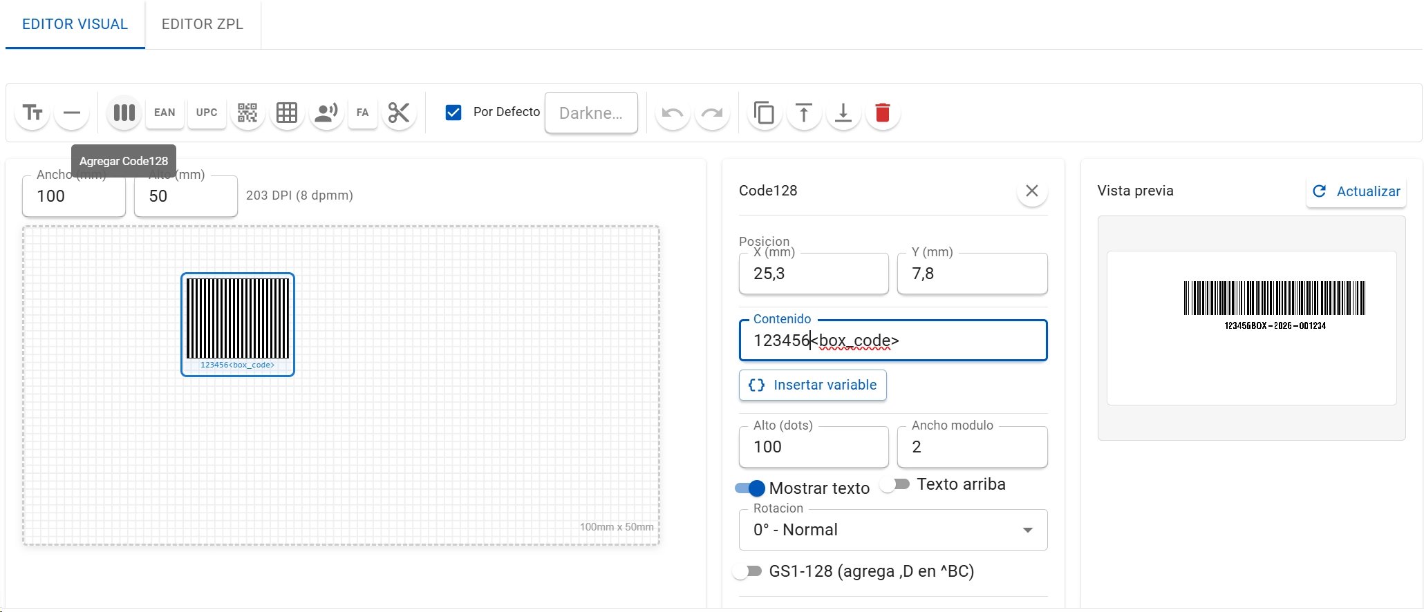 Panel de propiedades de un código Code128 con contenido, alto, ancho de módulo y la opción GS1-128