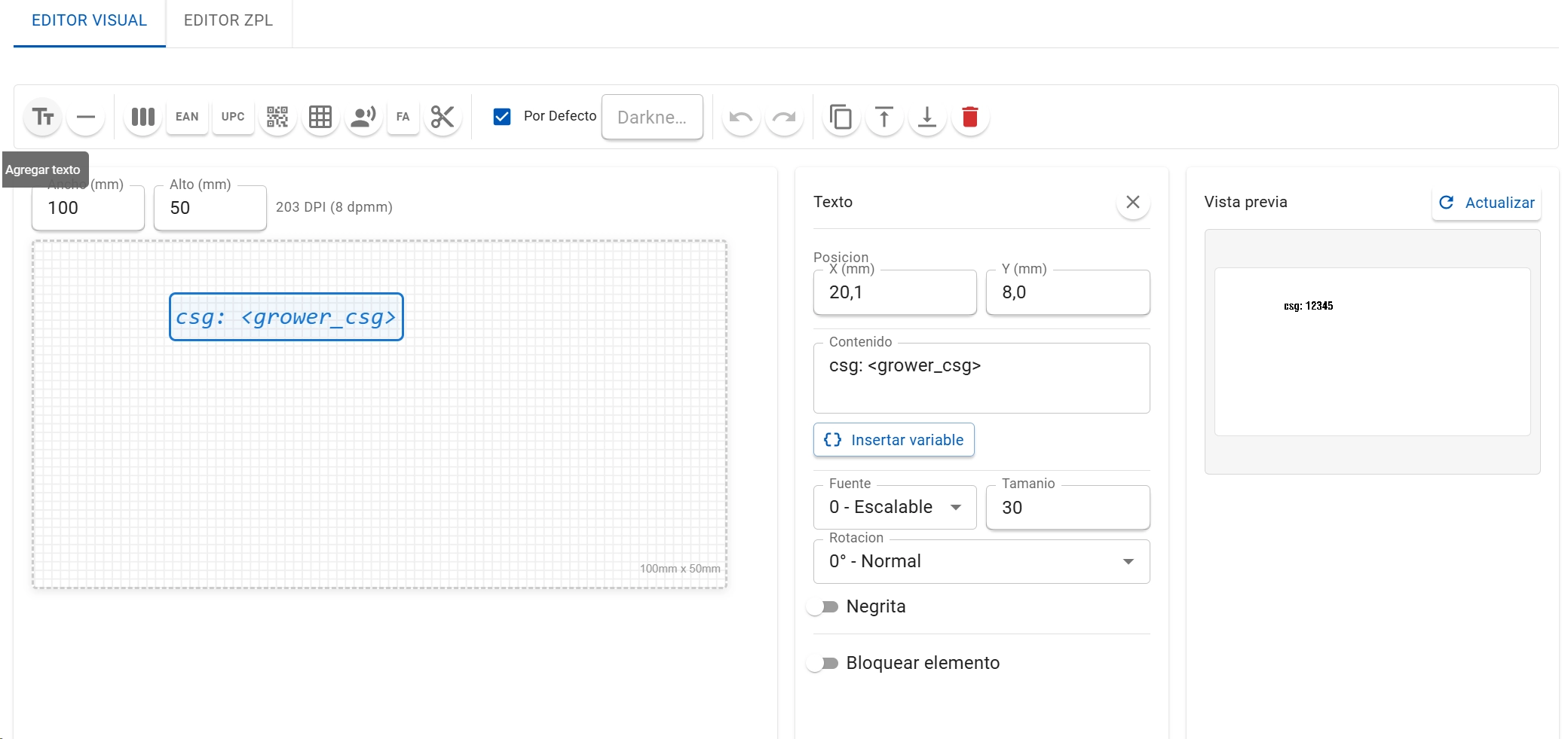 Panel de propiedades de un elemento Texto con contenido combinando texto fijo y variable