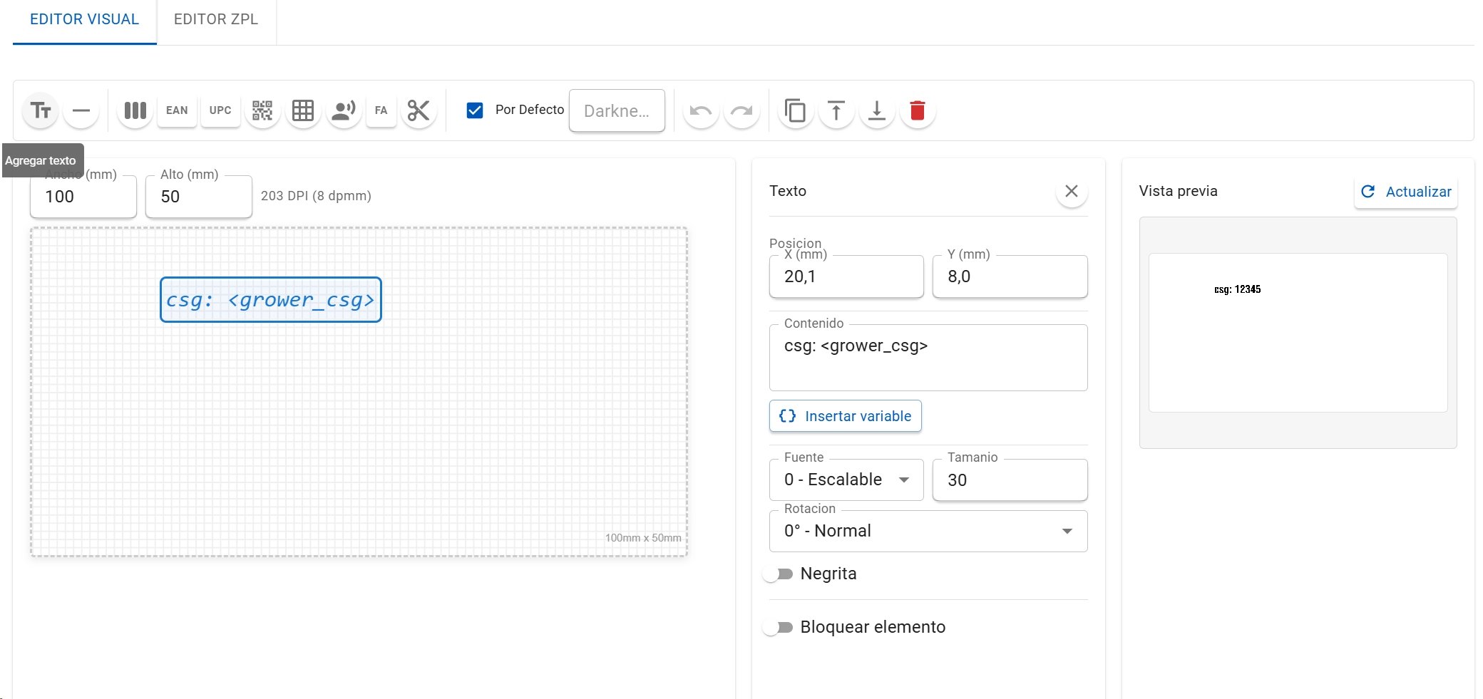 Panel de propiedades de un elemento Texto con contenido combinando texto fijo y variable