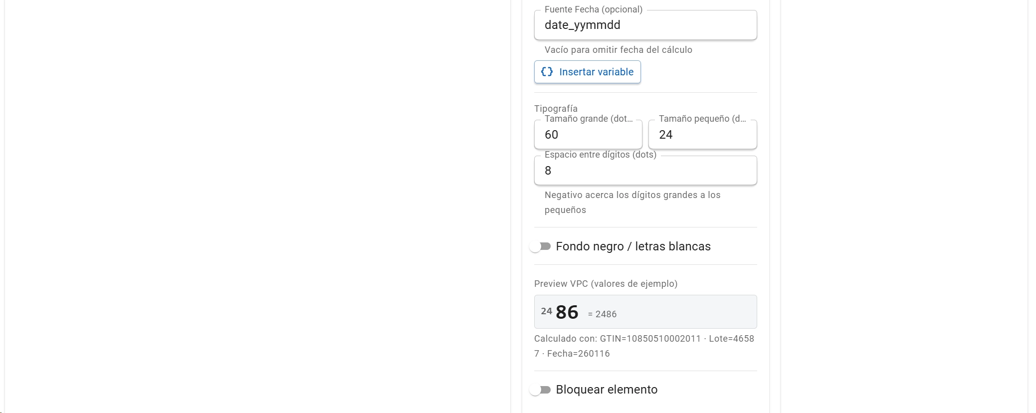 Continuación del panel Voice Pick Code: fuente de fecha, tipografía, fondo negro y preview del VPC calculado