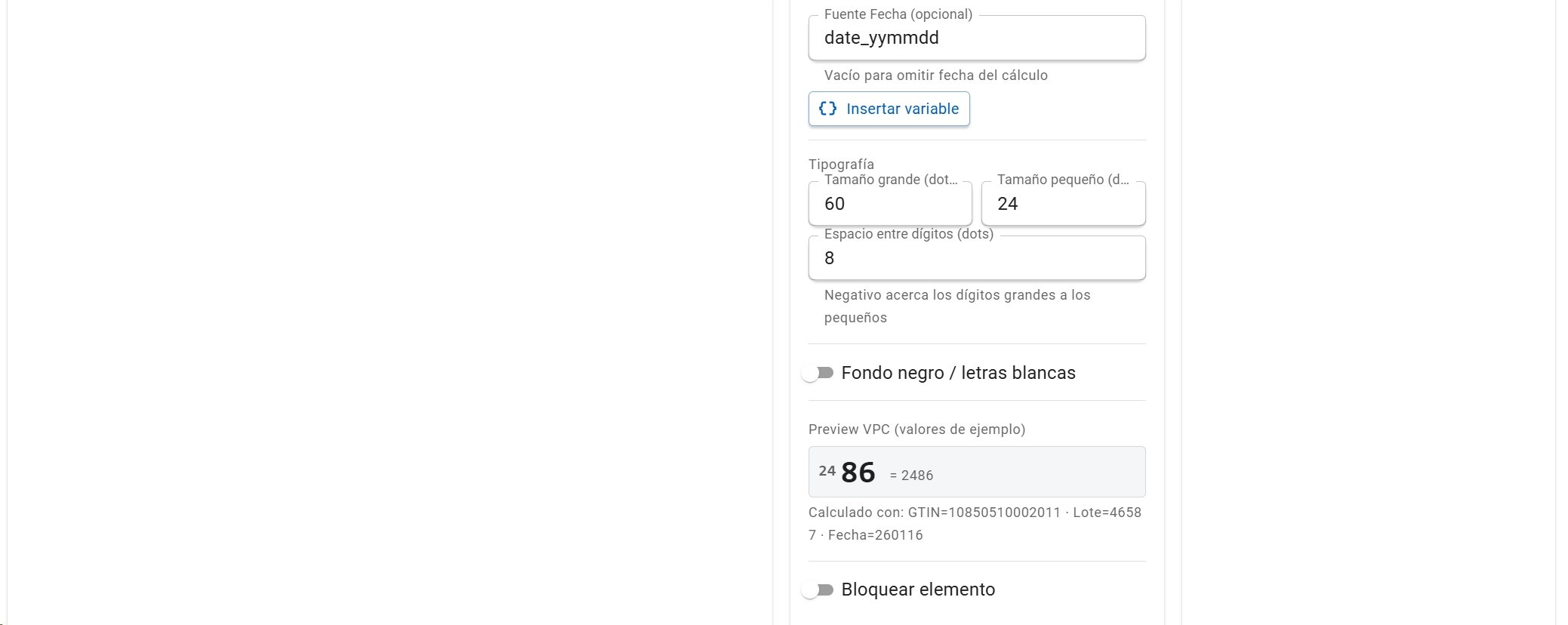 Continuación del panel Voice Pick Code: fuente de fecha, tipografía, fondo negro y preview del VPC calculado