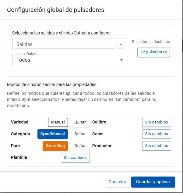 Diálogo Configuración global de pulsadores con el alcance y los modos de sincronización por propiedad